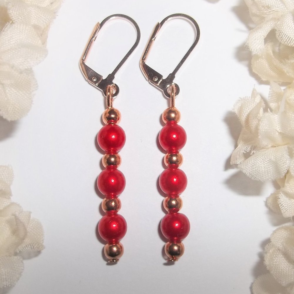 Earring, Pearl Earring, Red and Rose Gold Earring, Earring, Earring NWT 8282